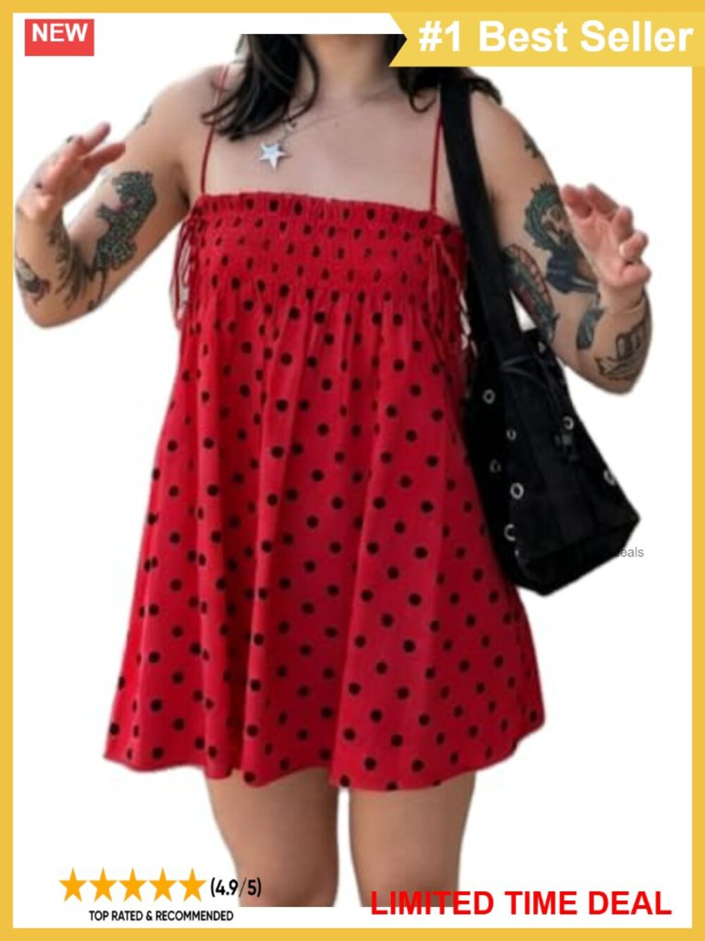 Women's Polka Dot Babydoll Mini Dress Spaghetti Strap Swing Sundress